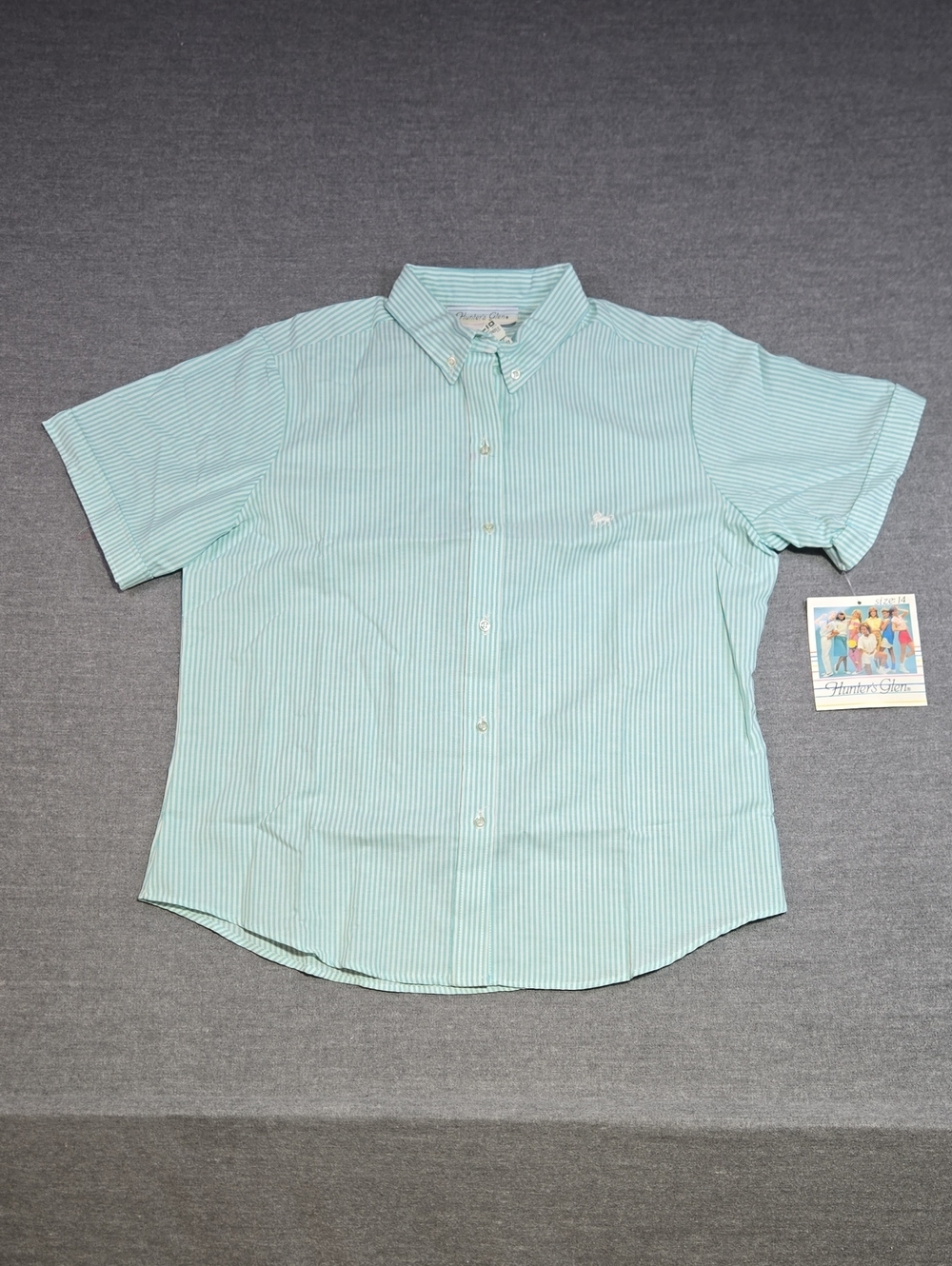 Vintage 80s Hunter's Glen Deadstock Button Down Shirt NWT Seafoam Stripe Size 14